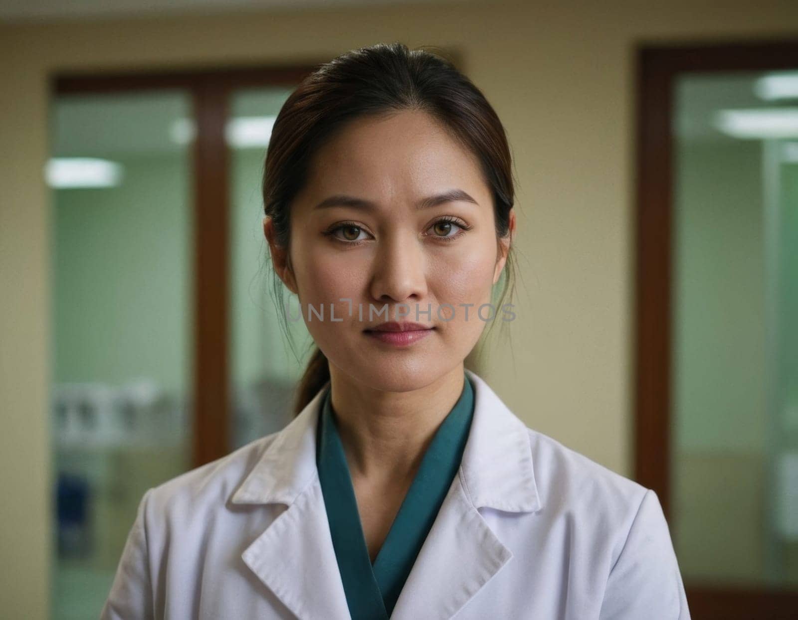 Asian female doctor in a white coat in the hospital. AI generation