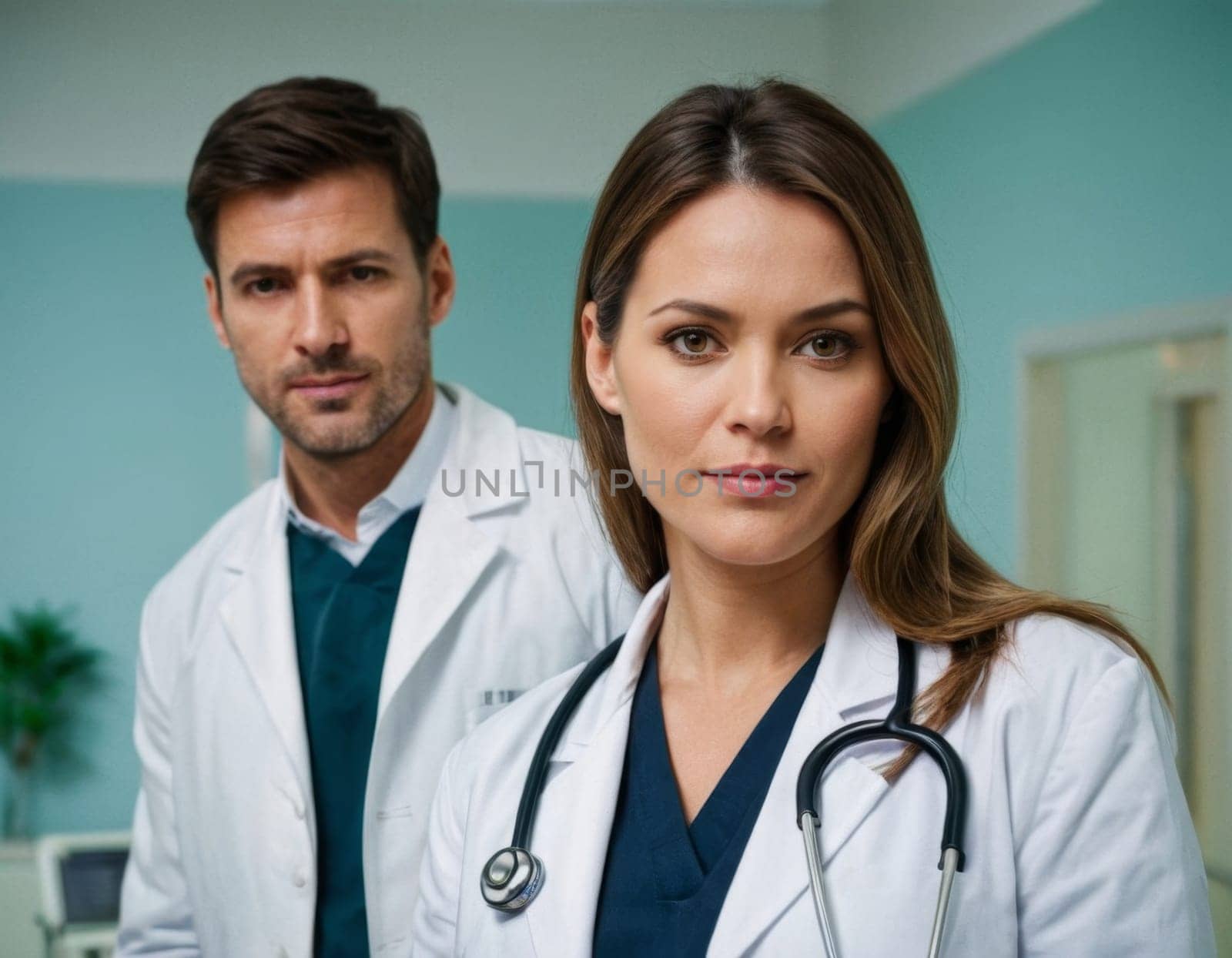 Image of male and female doctors in hospital interior. AI generation