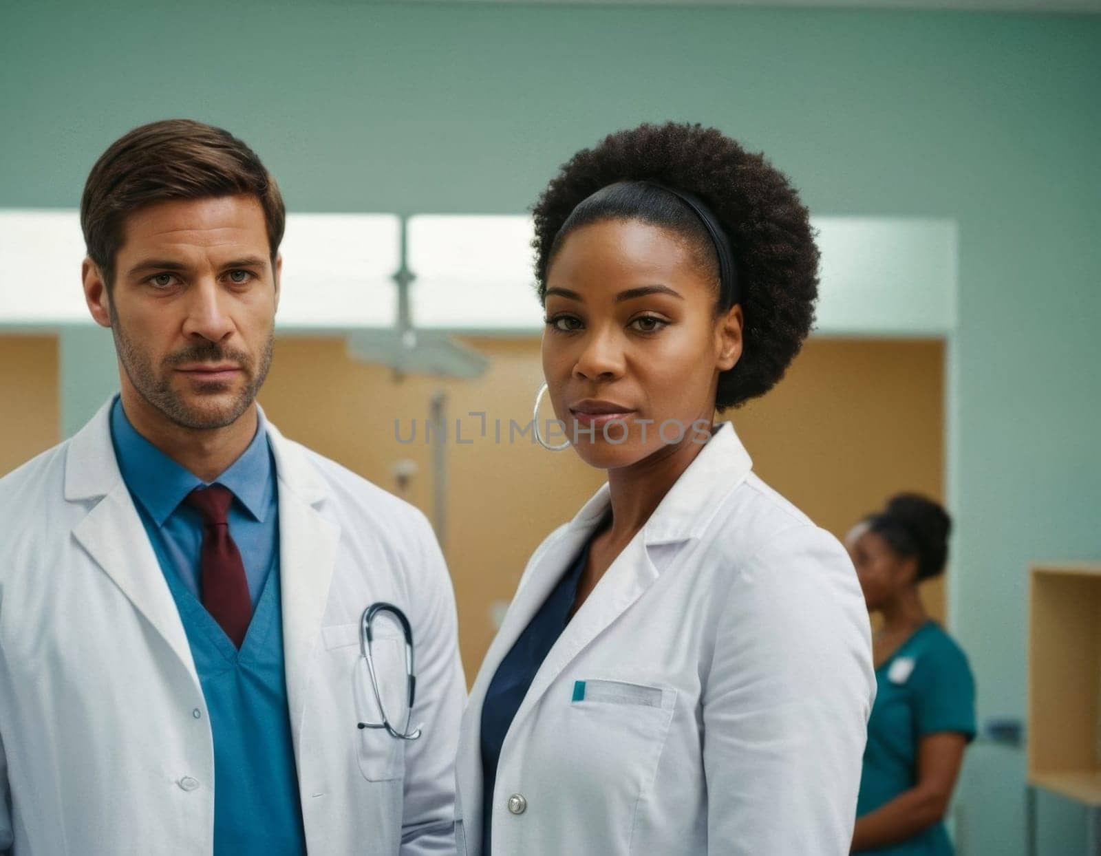 Image of African American male and female doctors in a hospital interior. AI generation