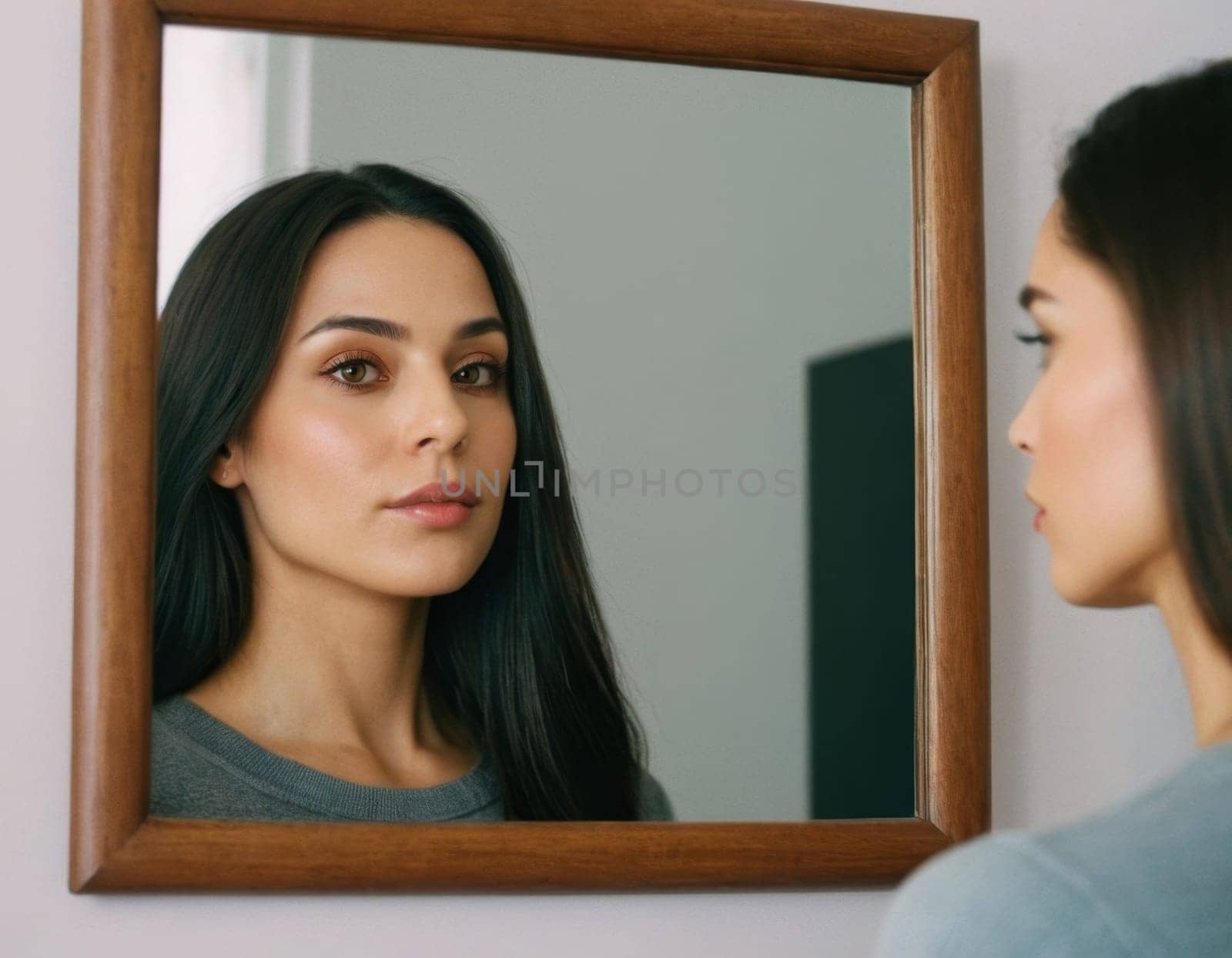 Image of a young European woman looking into a square mirror. AI generation