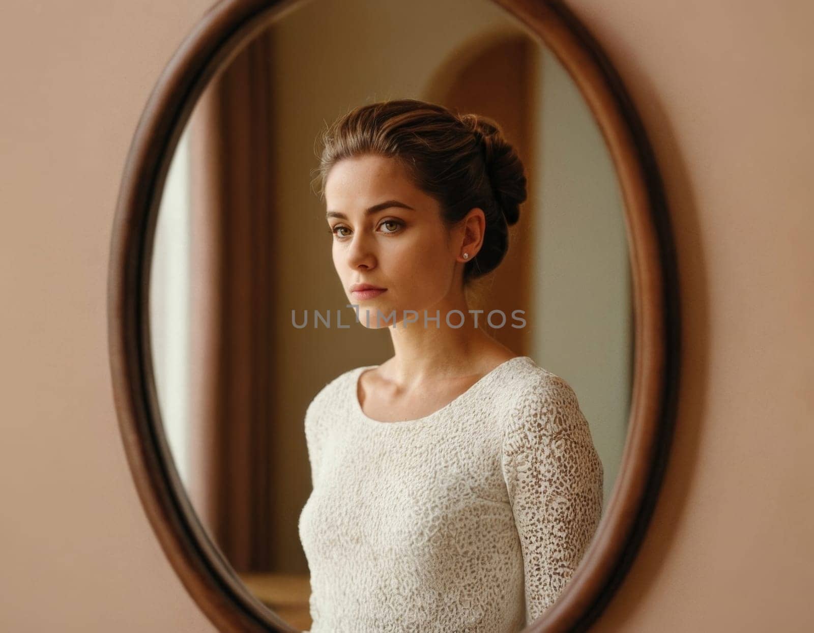 Image of a young woman looking into an oval mirror. AI generation