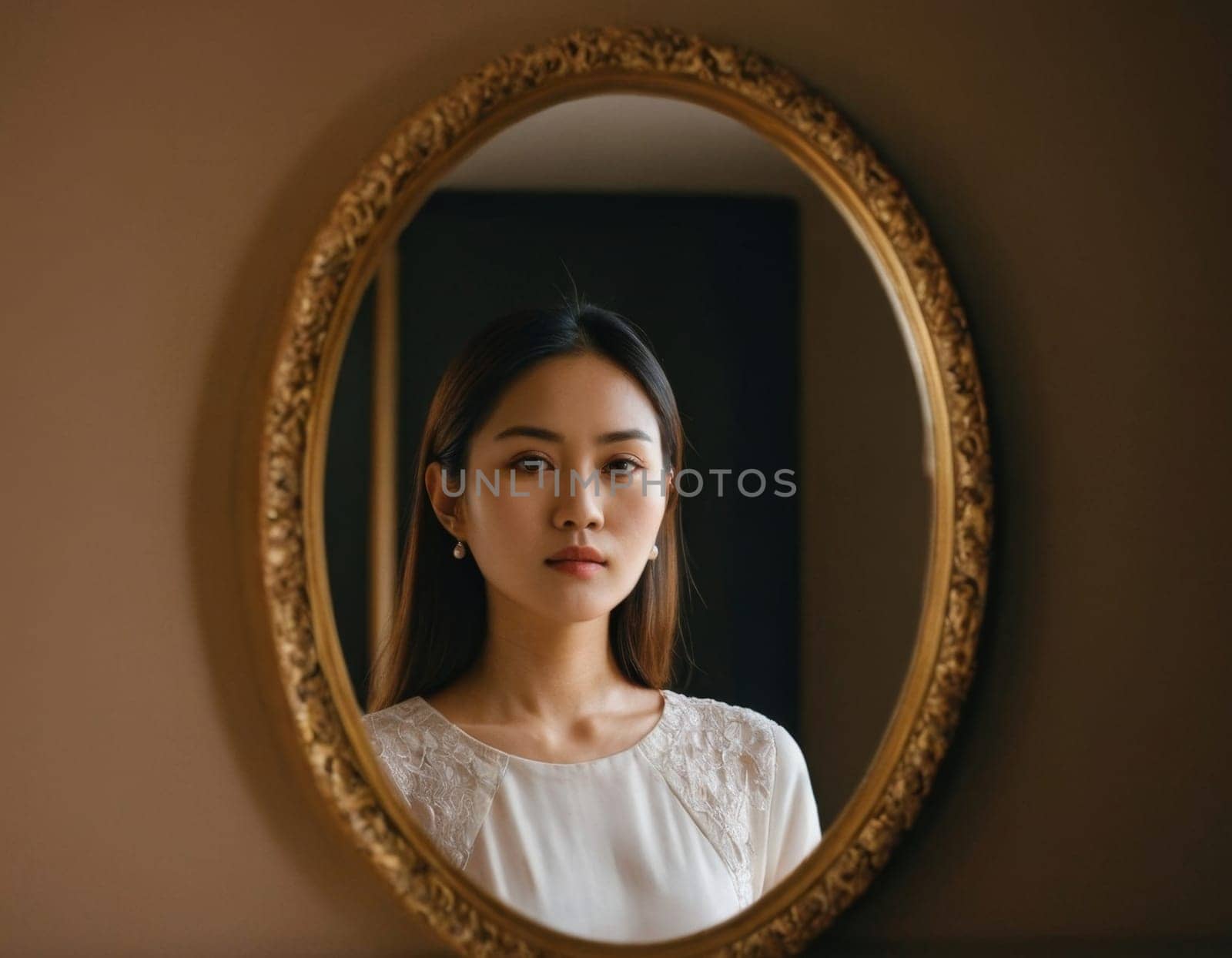 Asian woman in the reflection of the mirror. by vicnt