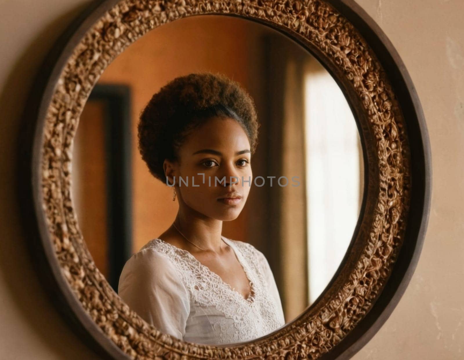 Image of a young African American woman looking into a round mirror. AI generation