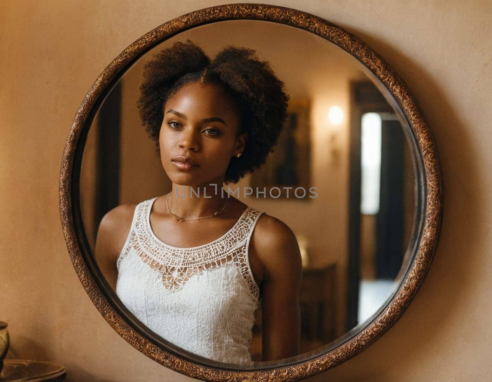 Image of a young African American woman looking into a round mirror. AI generation
