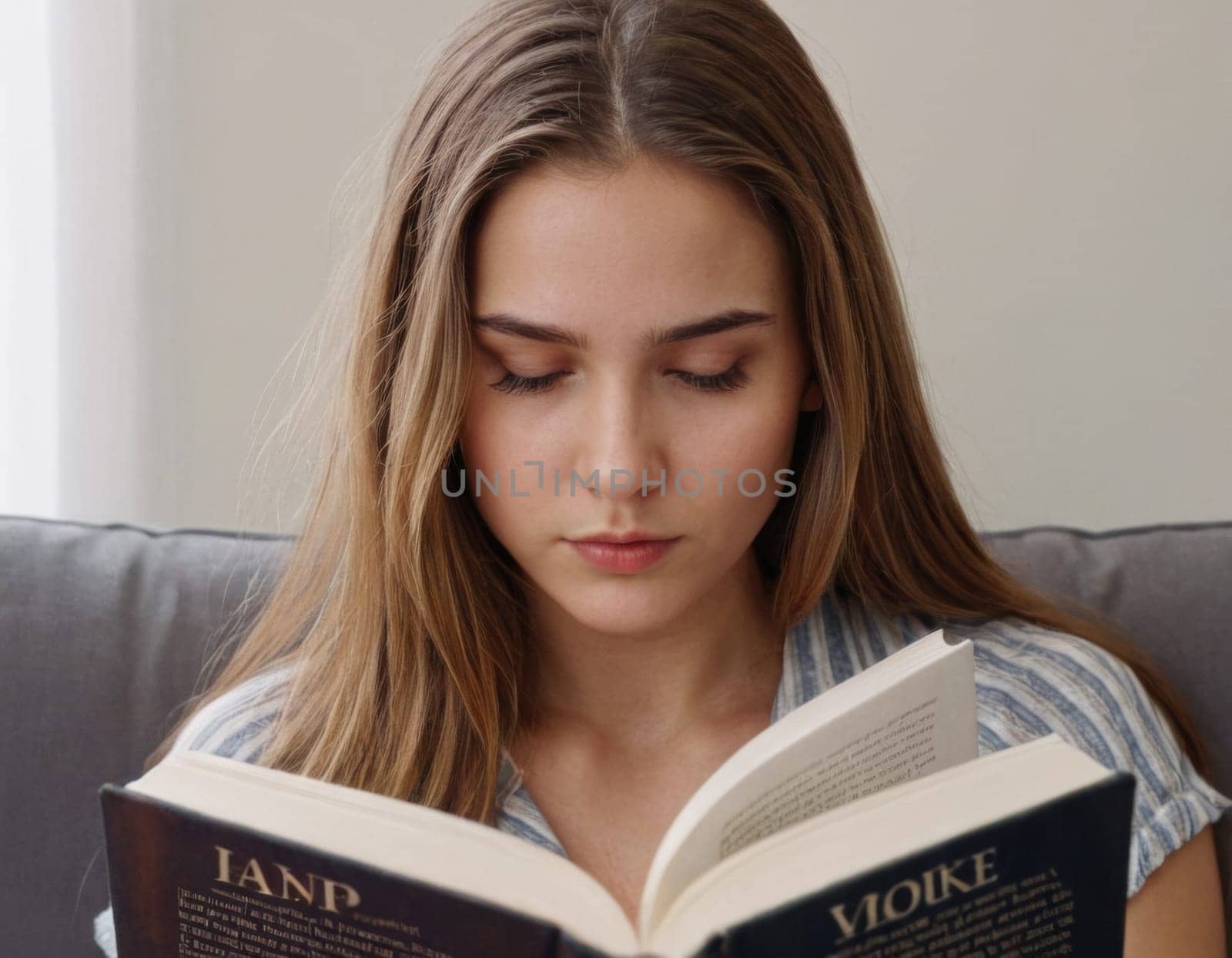 A young girl is reading a book. AI generation