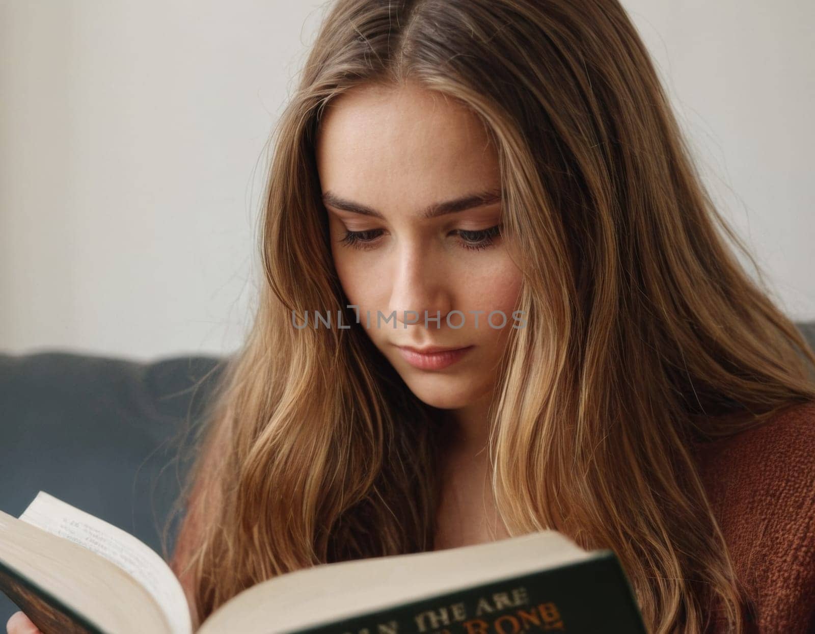 A young girl is reading a book. AI generation