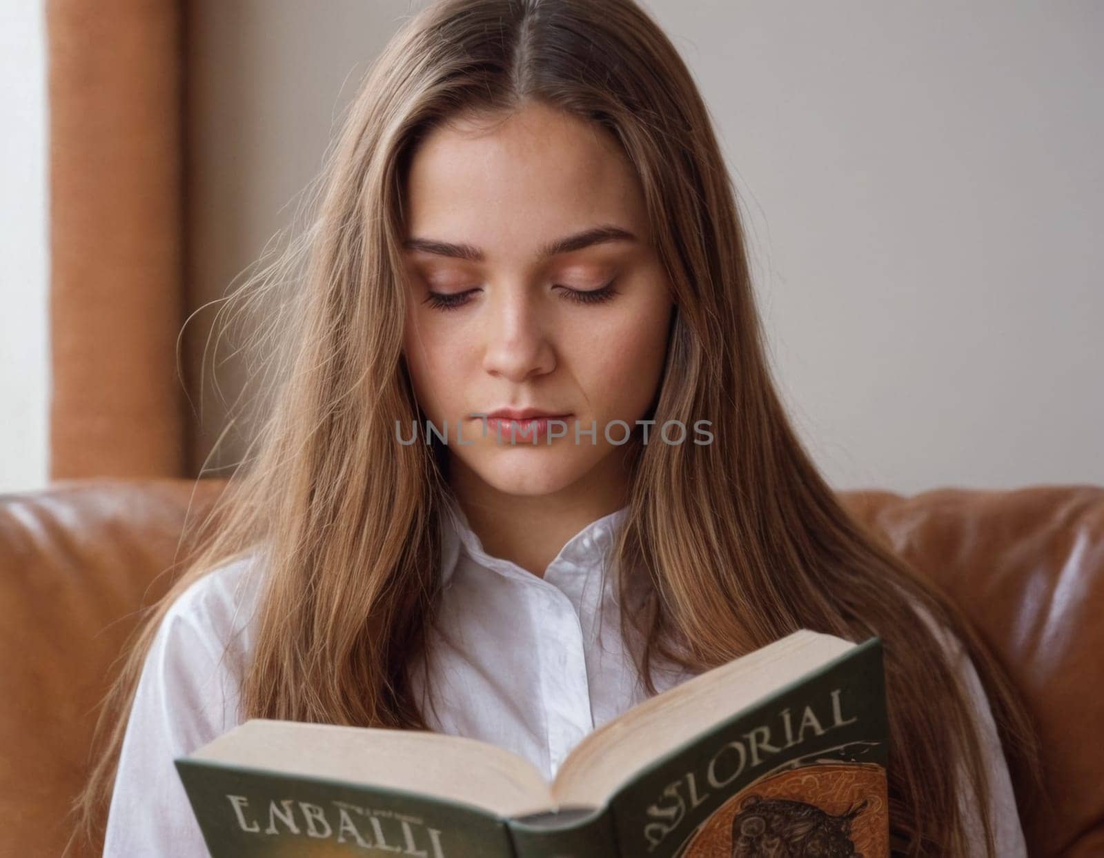 A young girl is reading a book. AI generation