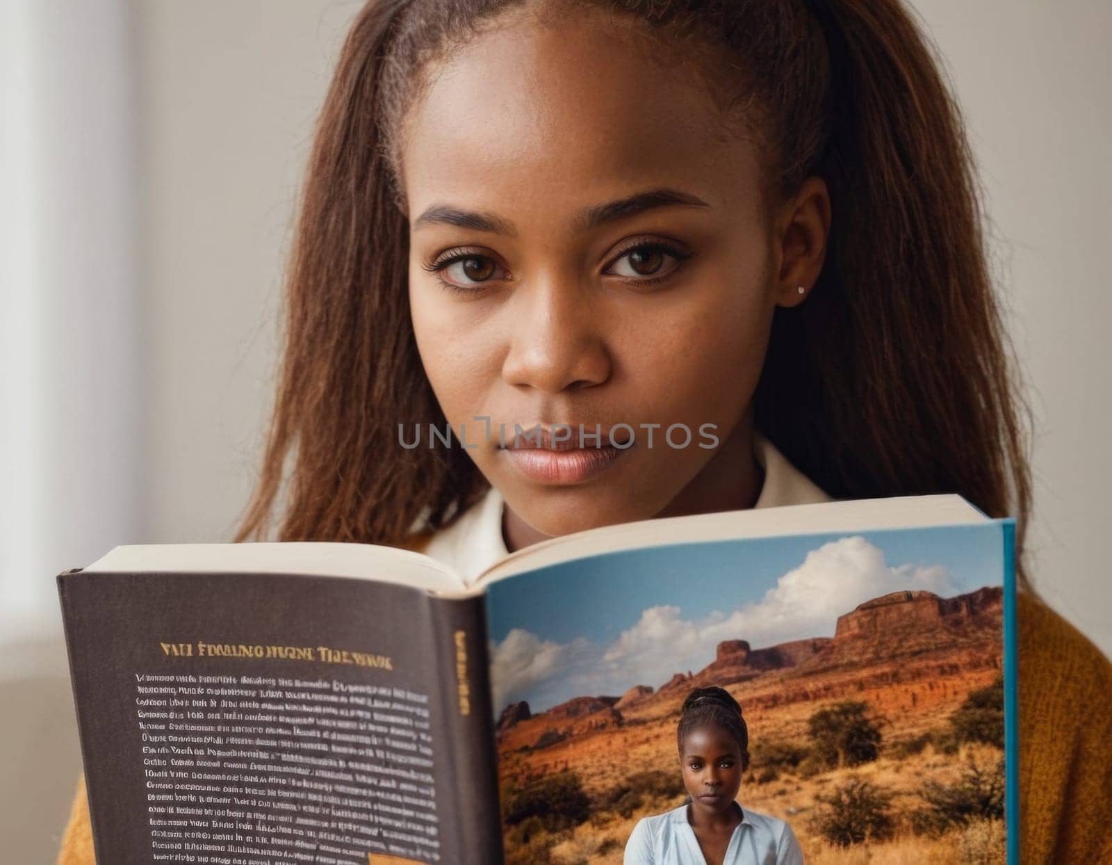 Young African American girl reading a book. AI generation