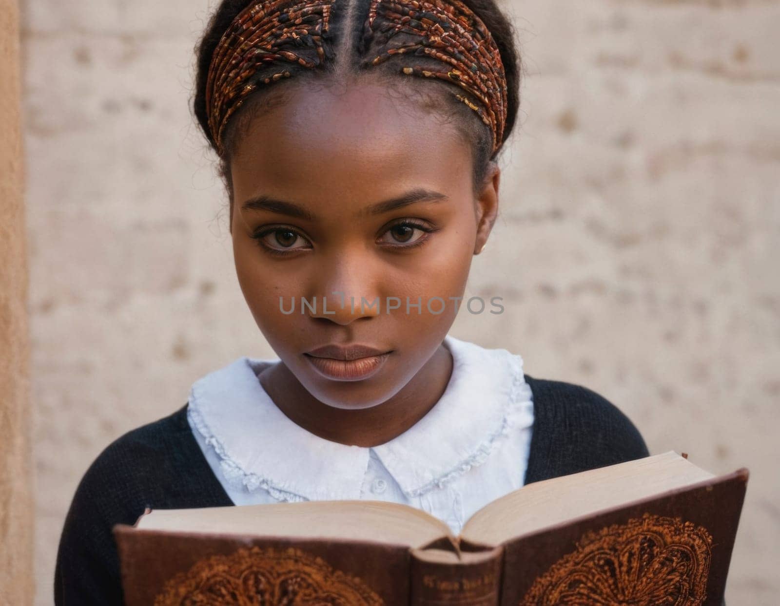 Young African American girl reading a book. AI generation