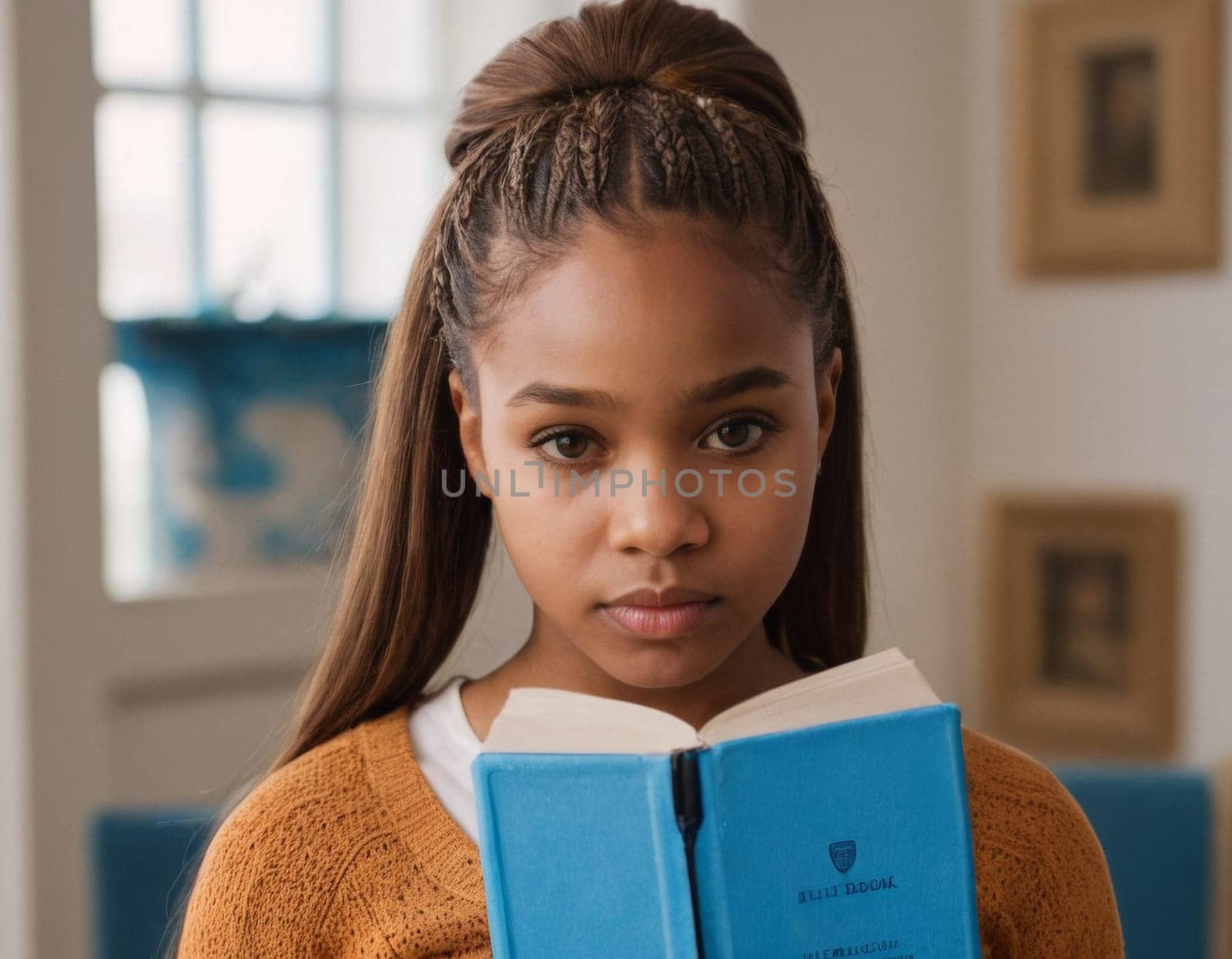 Young African American girl reading a book. AI generation