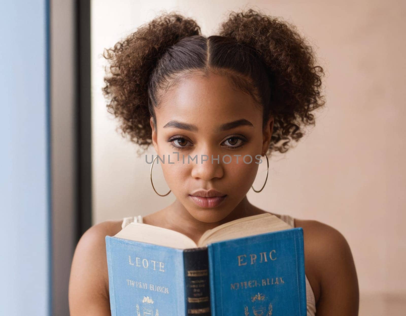 Young African American girl reading a book. AI generation