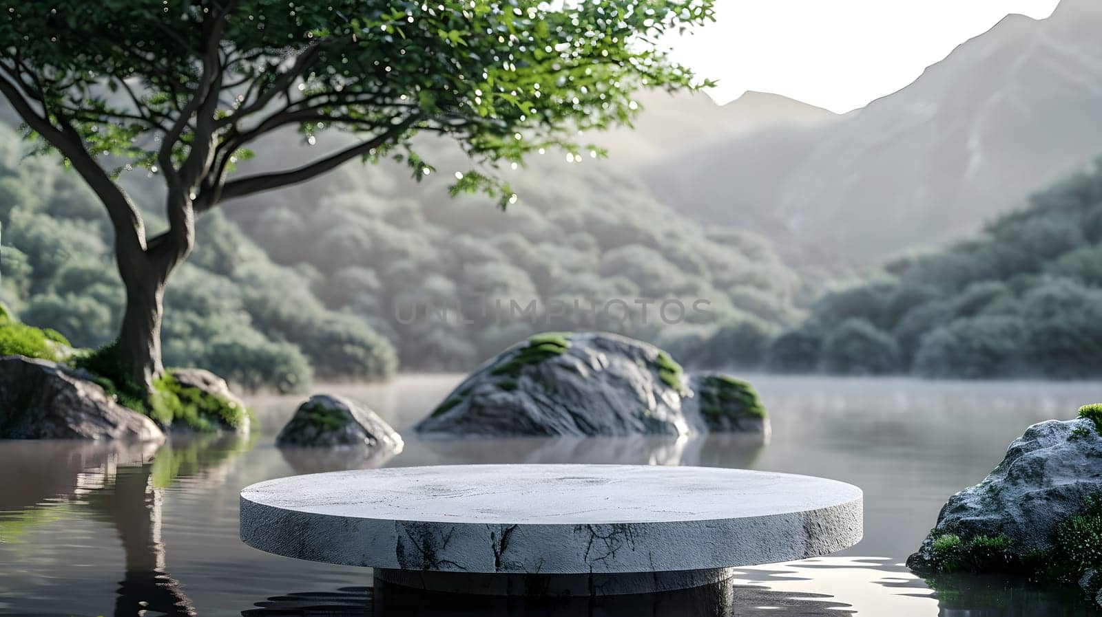 A marble table is surrounded by rocks and trees in the middle of a lake, creating a serene natural landscape with water reflecting the sky