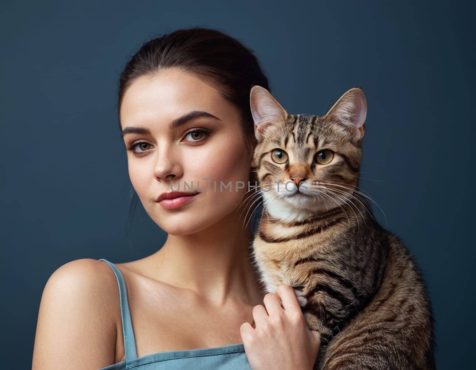 Image of a young woman with a domestic cat on her shoulder. AI generation