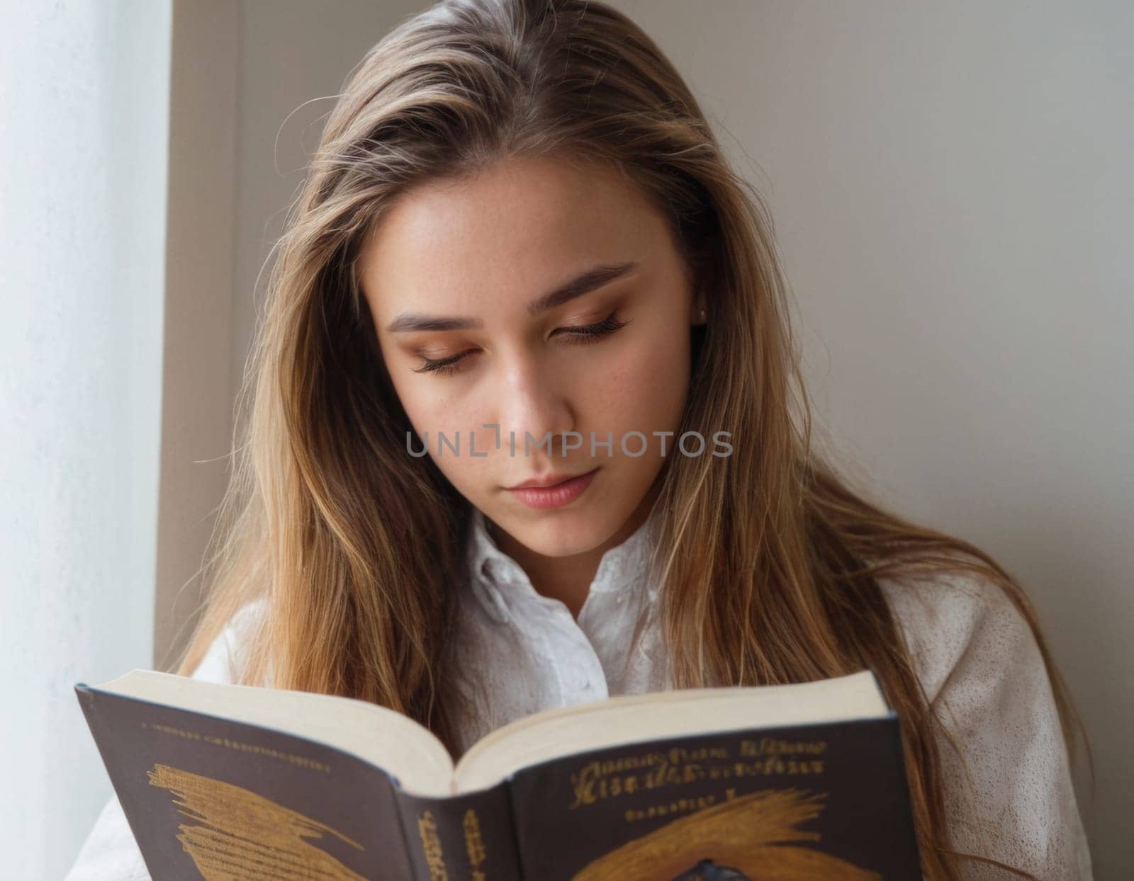 A young girl is reading a book. AI generation