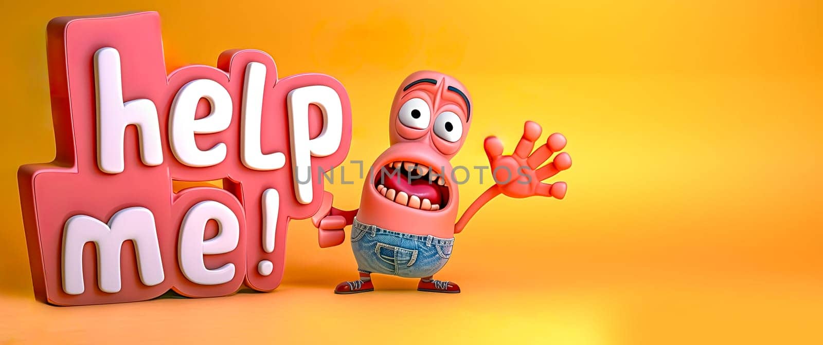 3d-rendered anxious cartoon character stands beside bold help me! text on a yellow background