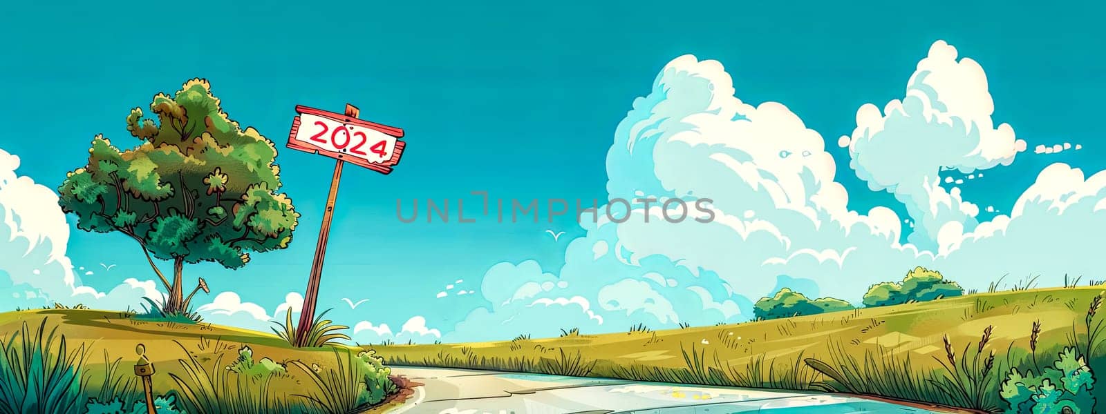 2024 new year conceptual landscape illustration with scenic road signpost and beautiful artistic cartoon nature countryside in tranquil peaceful holiday celebration of change and progress
