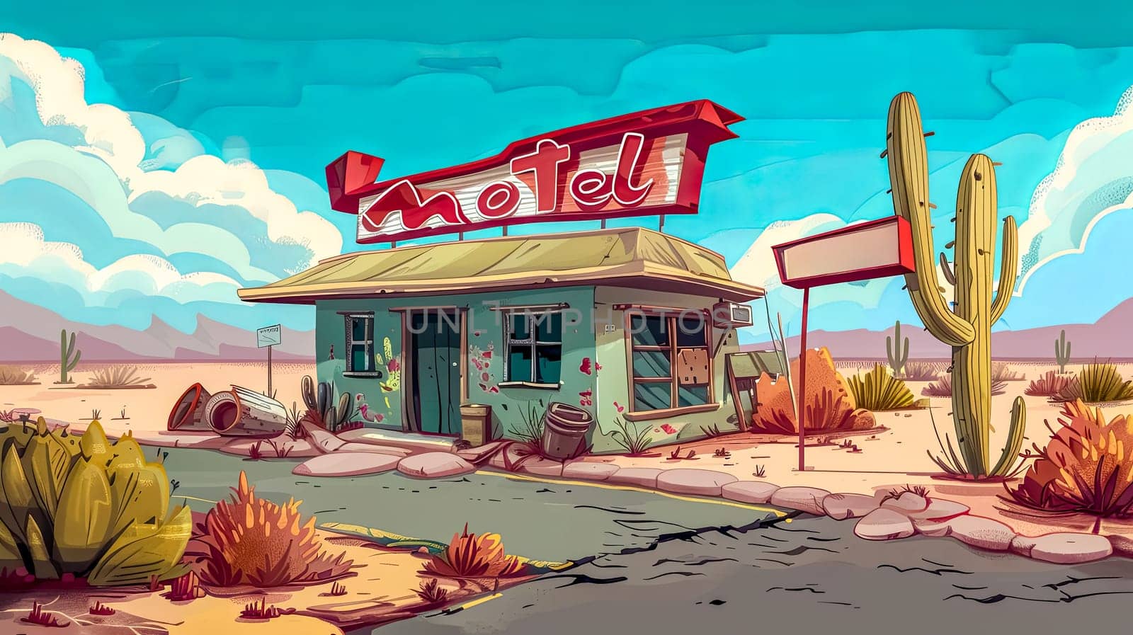 Vintage desert motel cartoon illustration with quirky and colorful abandoned cacti in a sunny arid landscape under a clear sky