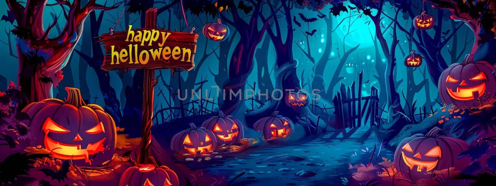 Spooky halloween night background with glowing pumpkins and eerie woods