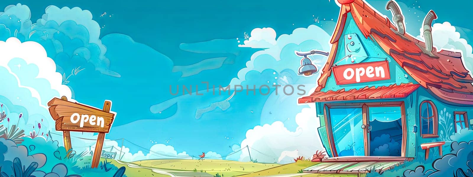 Vibrant cartoon illustration of a whimsical cafe with open signs on a sunny day