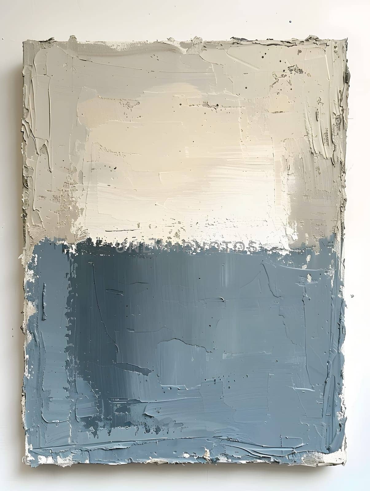 A rectangular blue and white painting hangs on a white wall, adding a pop of color to the room. The fluid strokes of paint create a calming effect