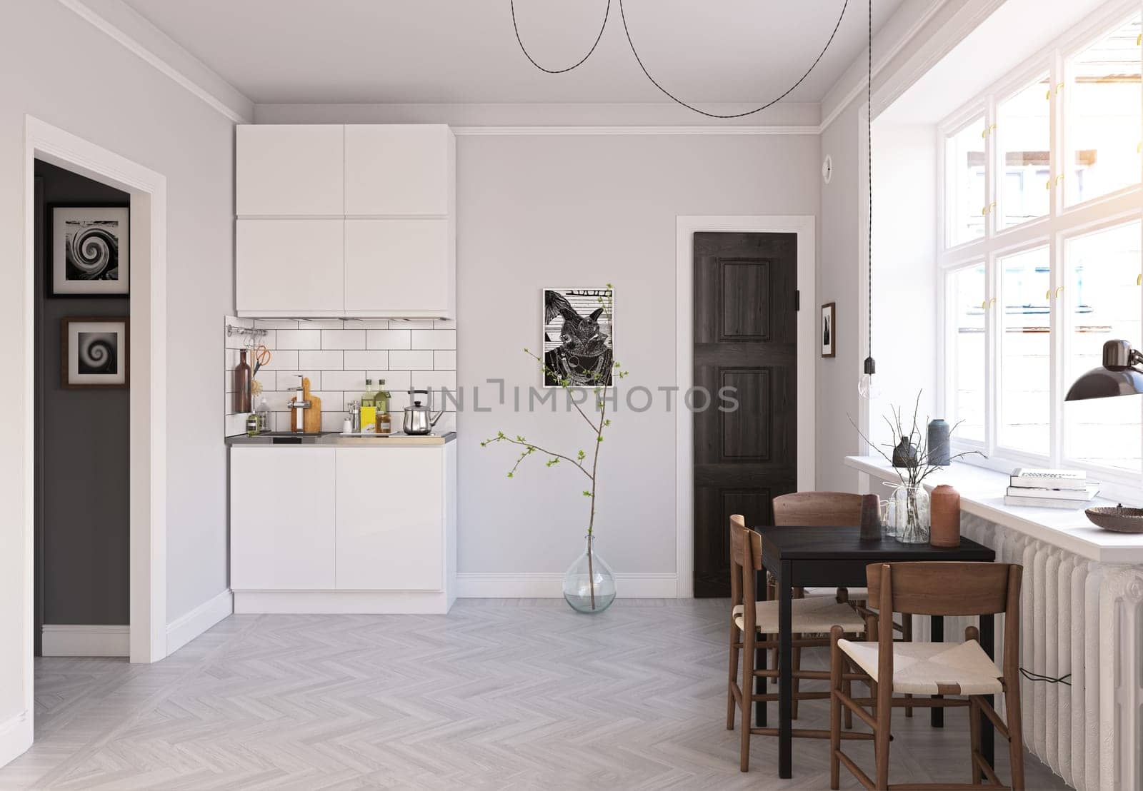 compact scandinavian style kitchen design. 3d rendering concept