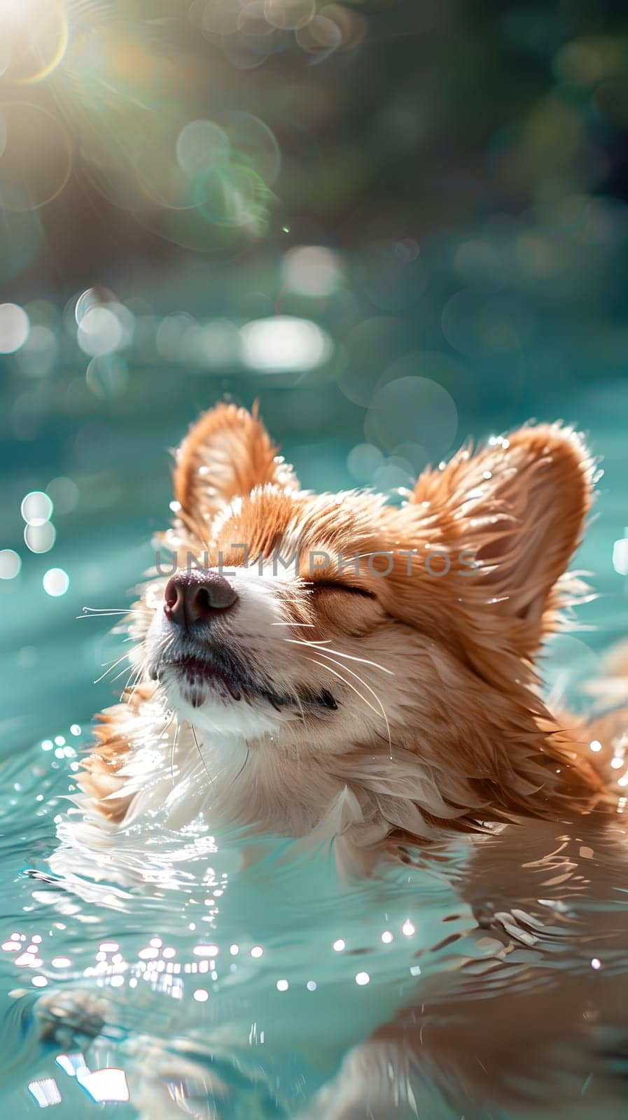 A Canidae species, specifically a dog from the Sporting Group breed, is gracefully swimming in a pool with its eyes closed, showcasing its carnivorous instincts