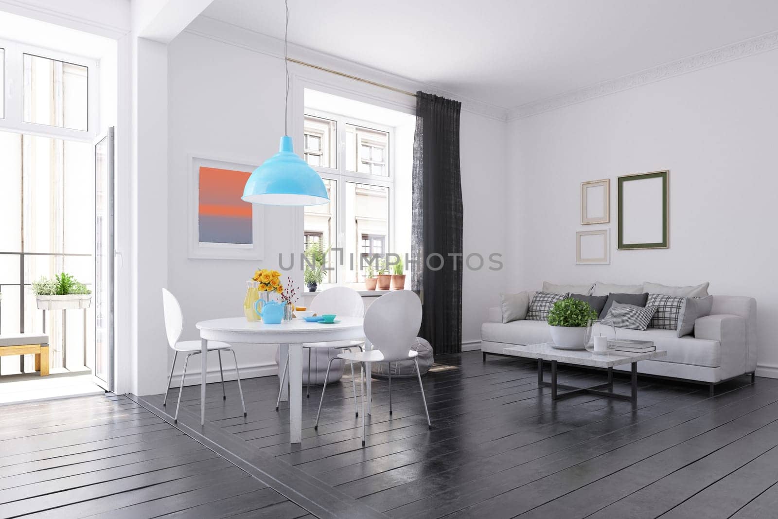 Scandinavian style living room design. 3d rendering concept