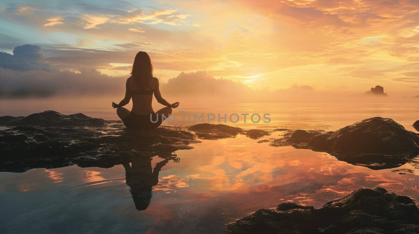 The picture of the young or adult female human doing the yoga pose for relaxation or meditating the mind in the middle of the nature under the bright sun in the daytime of a dawn or dusk day. AIGX03.