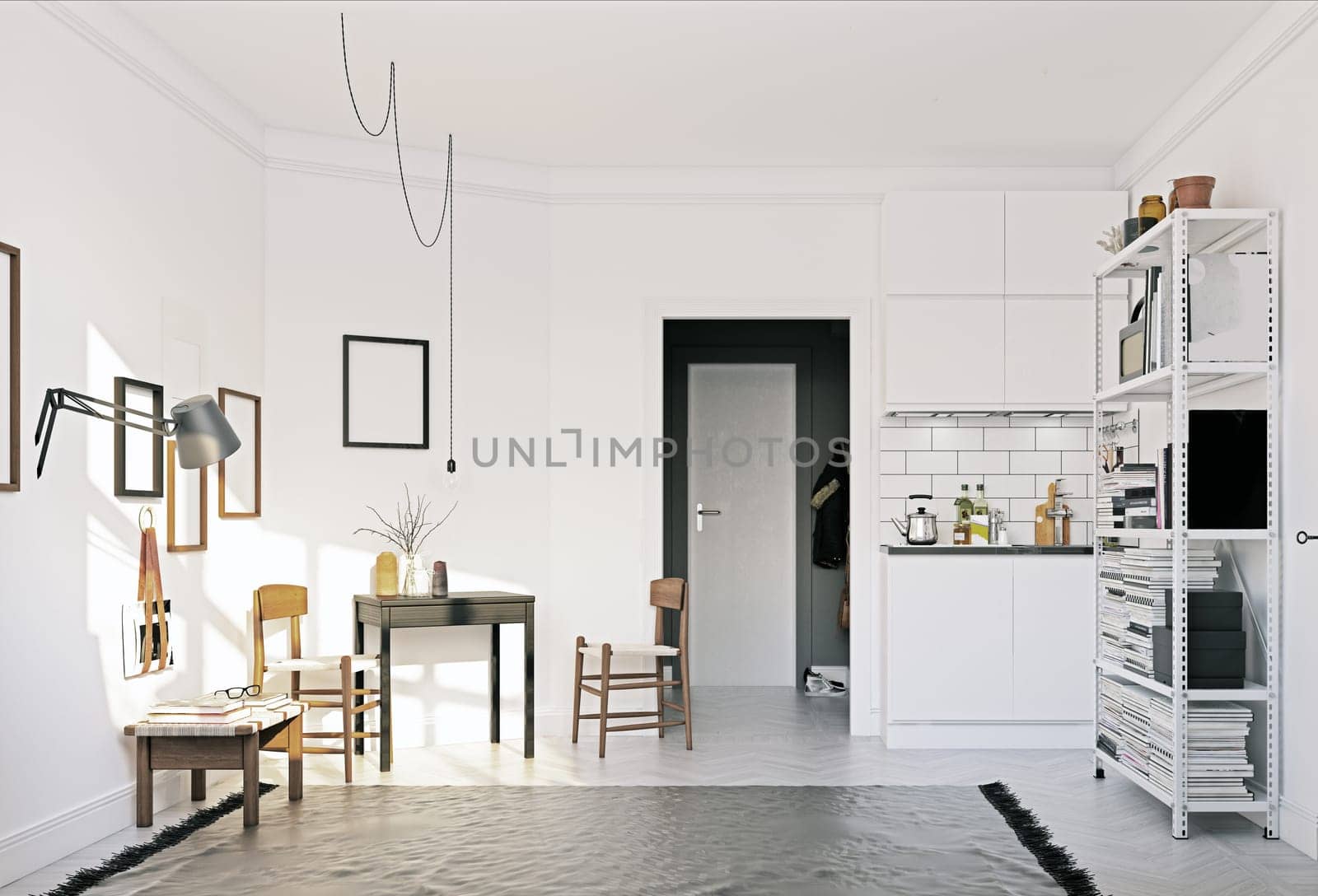 compact scandinavian style kitchen design. 3d rendering concept