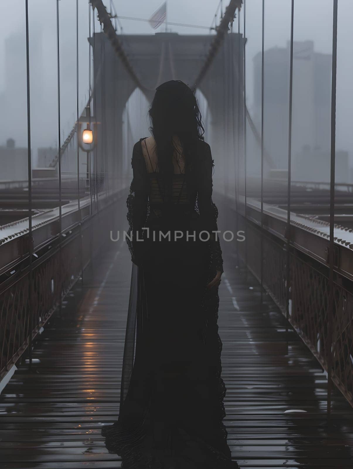 A woman in a long black dress is crossing a bridge in the rain, under a dark sky and surrounded by mist and haze. She walks along the metal track, with no public transport in sight