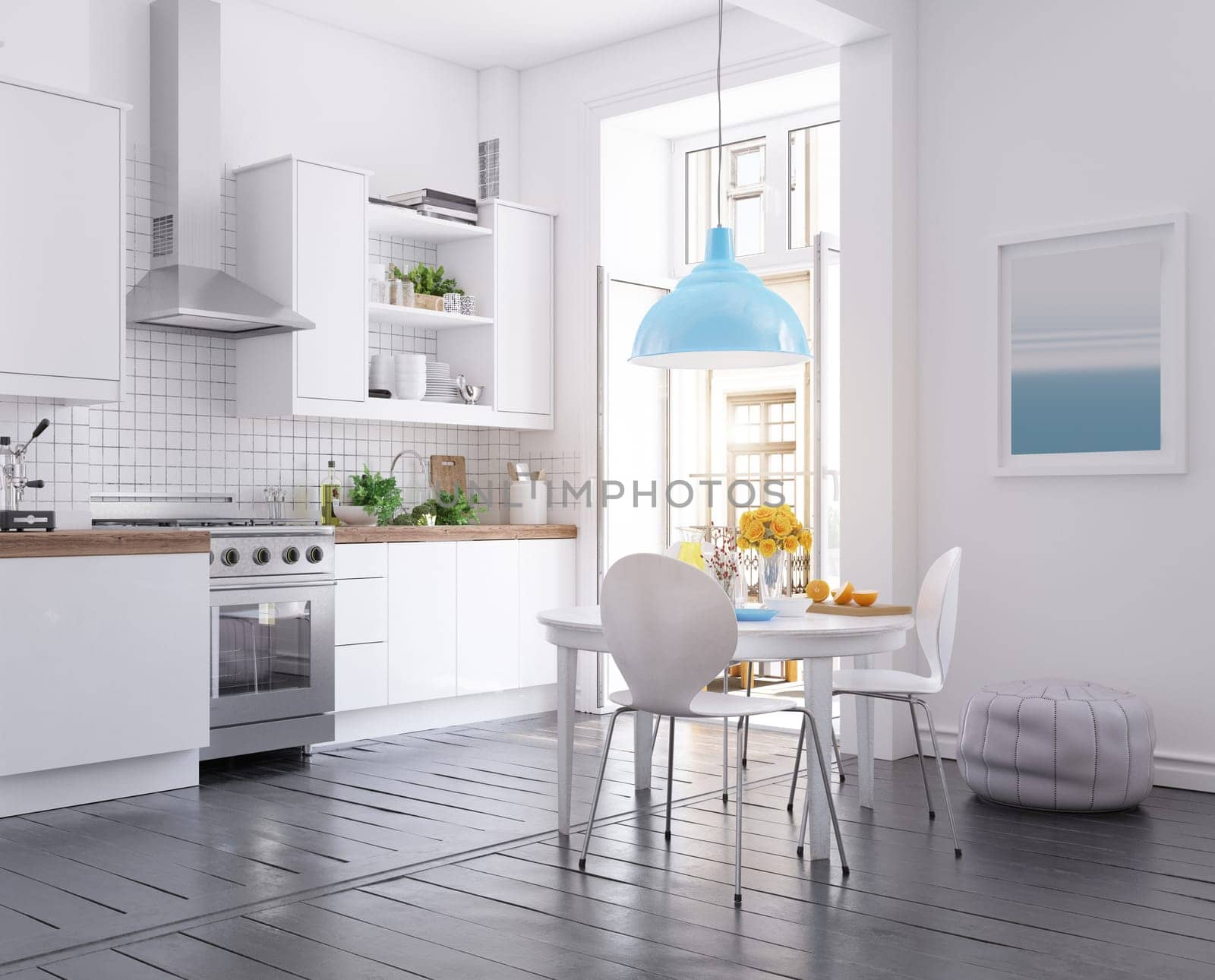 modern scandinavian style kitchen interior. 3d rendering design