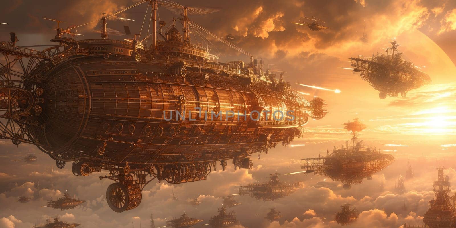 Steampunk Airships in a Sunset Sky. Resplendent. by biancoblue