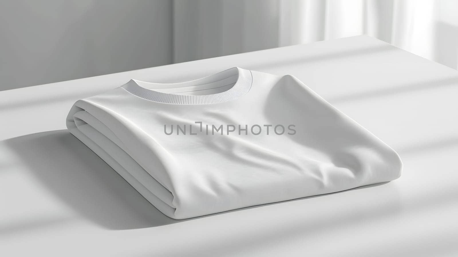 Comfortable grey tshirt folded neatly on a sleek white table by Nadtochiy