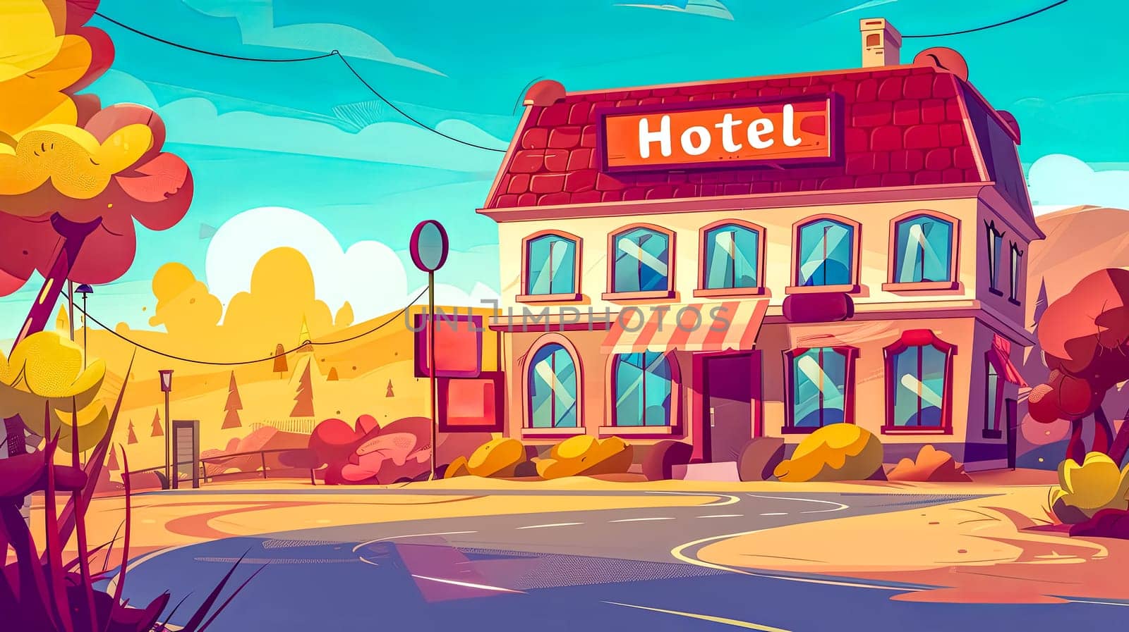 Vibrant digital illustration of a charming hotel in a whimsical, colorful small town landscape