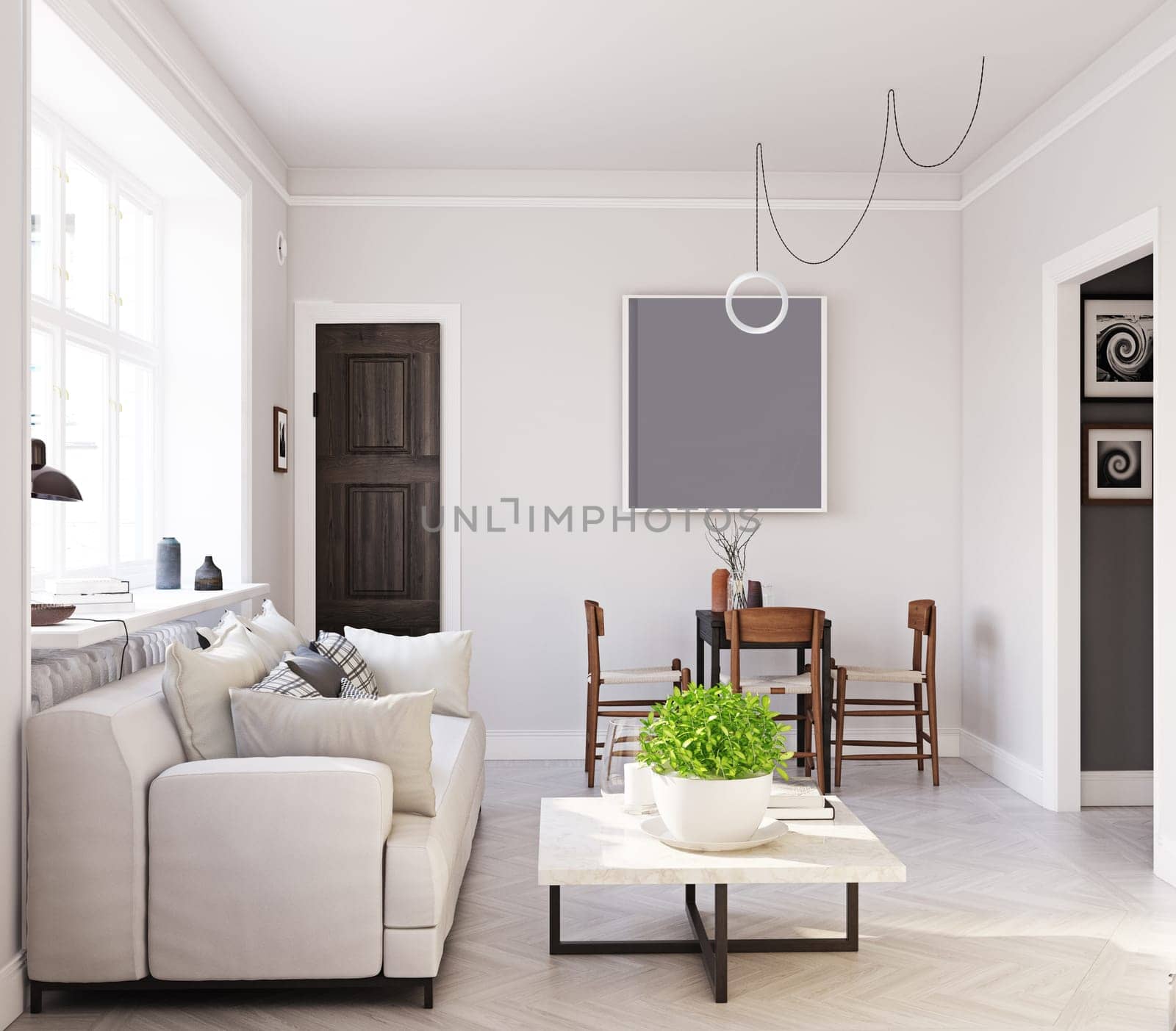 compact scandinavian style living room design. 3d rendering concept