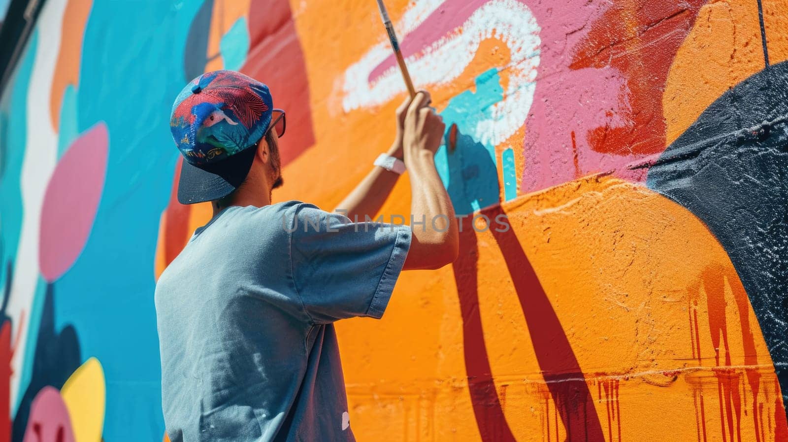 An artist painting a mural on an urban wall, colorful street art, creative expression in a city environment. Resplendent.