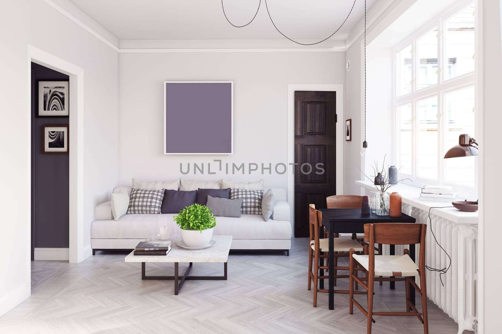 compact scandinavian style living room design. 3d rendering concept