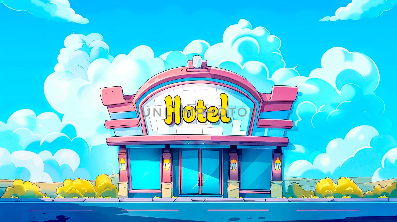 Vibrant animated hotel illustration with whimsical architecture and a clear sky