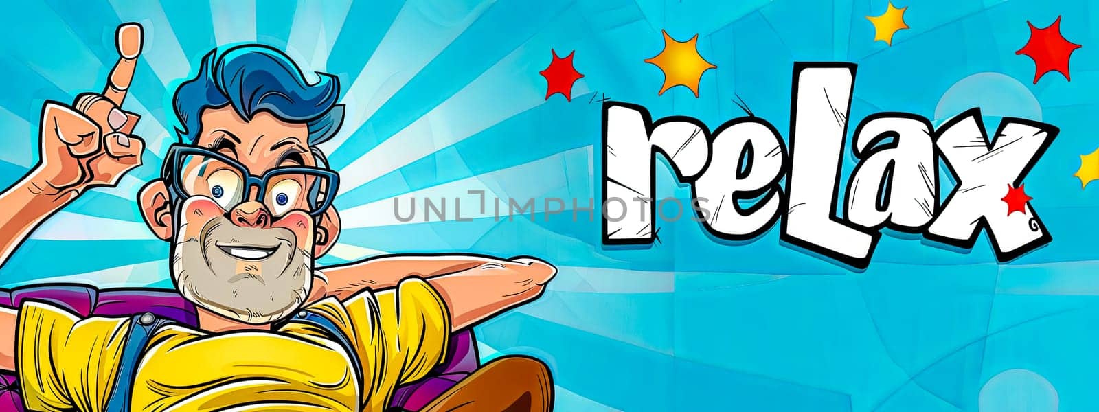 Colorful cartoon banner with a joyful man relaxing and the word relax