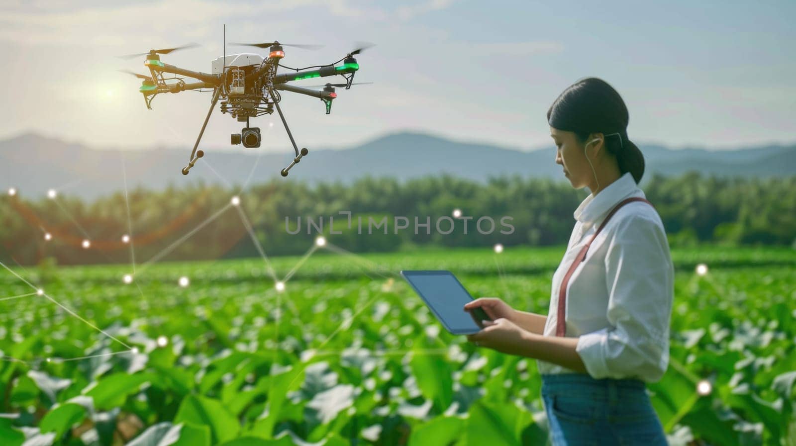 A woman is operating an aircraft in a grassy field, controlling it with a tablet amidst a beautiful natural landscape. AIG41