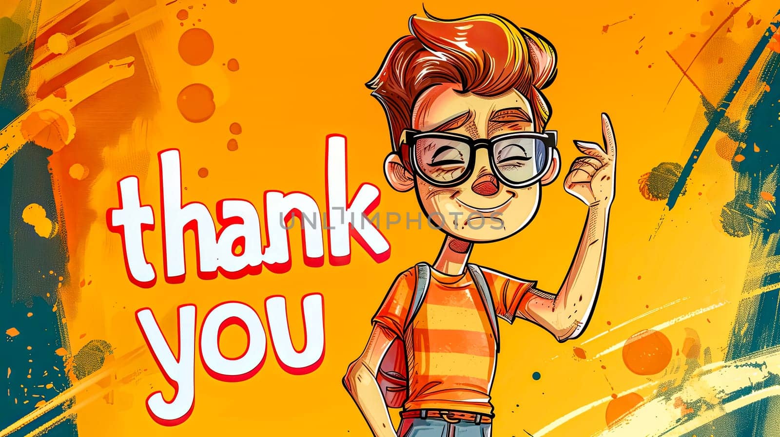 Cartoon boy saying thank you on vibrant background by Edophoto