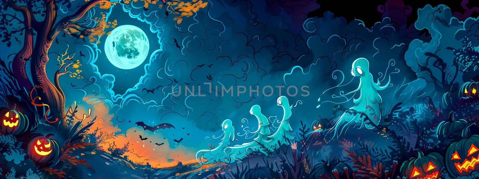 Whimsical and festive enchanted halloween night panorama illustration with spooky ghosts, glowing jack o' lanterns, and a full moon in a magical, eerie, and creepy nocturnal landscape scene