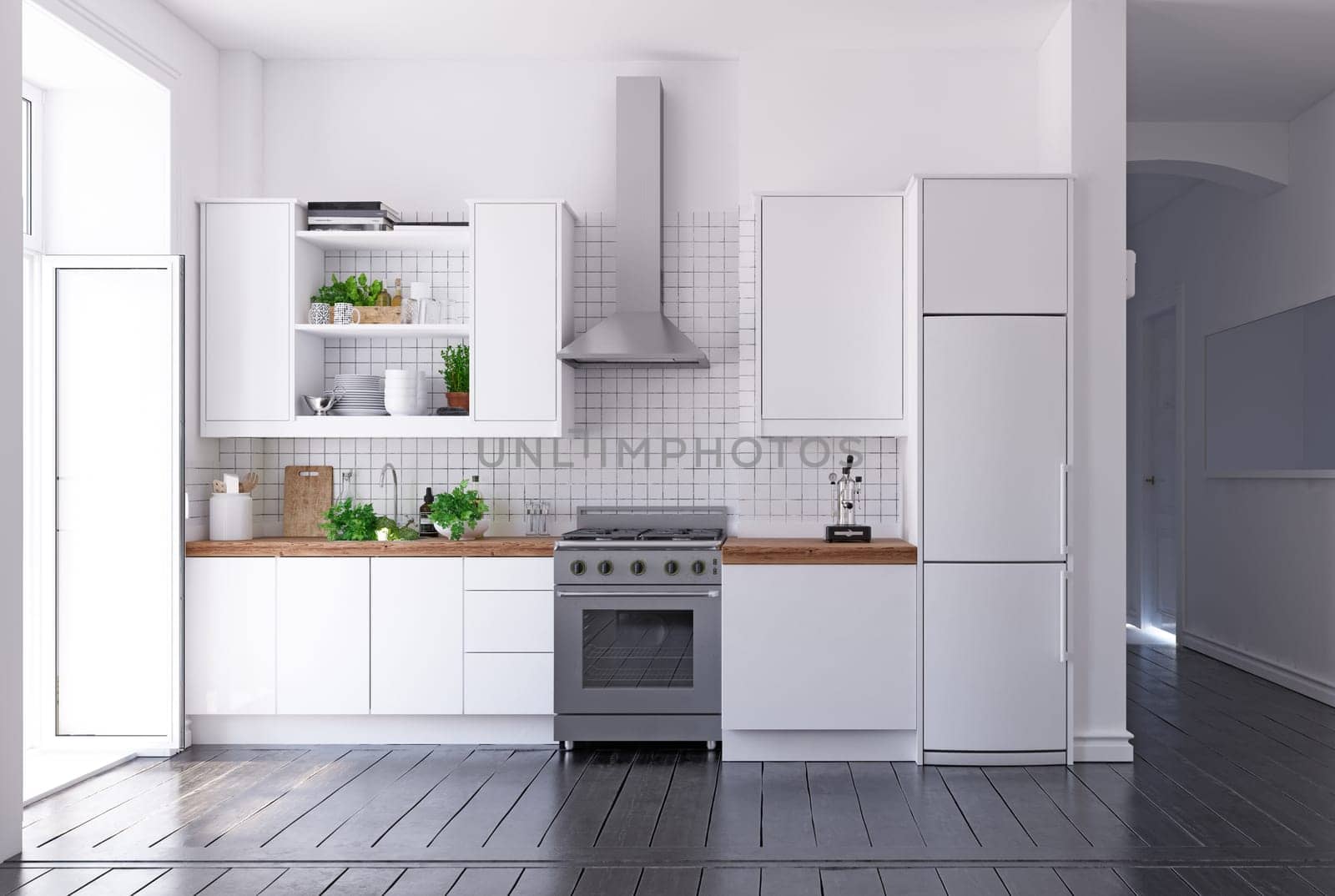 modern scandinavian style kitchen interior. 3d rendering design