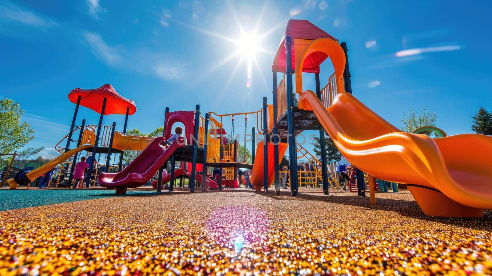 Young children enjoy a sunny day playing on vibrant playground equipment in a park with slides and climbing structures. Resplendent.