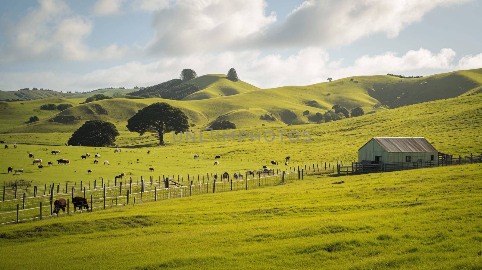 A serene landscape showcasing a rustic farmhouse with a red roof, surrounded by green pastures and grazing cattle under a dramatic stormy sky. Resplendent.