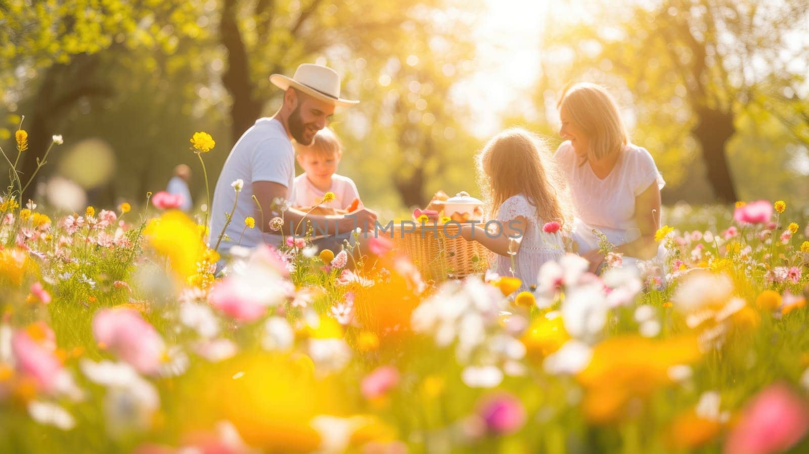 A happy family gathered in a natural landscape, enjoying a picnic amidst blooming flowers, lush grass, and under the warm sunlight. AIG41