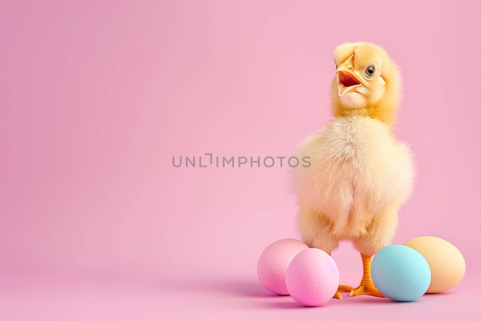 Fluffy chick alongside pastel-colored Easter eggs on pink backdrop, perfect for Easter greetings, spring promotions, or playful pet-related designs. Copy space. Easter sale, discount. Generative AI. by creativebird