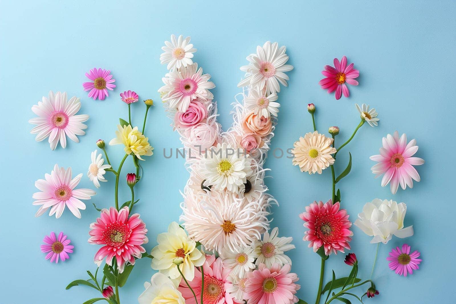 A delightful Easter bunny crafted from an array of fresh, pastel-colored flowers against a soft blue background, perfect for springtime promotions, holiday ads, or festive decors. Generative AI. by creativebird