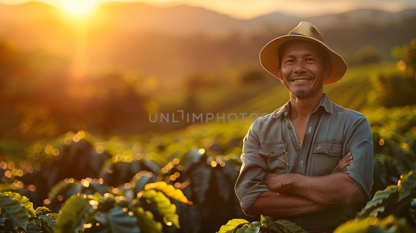 a man in a straw hat is standing in a field with his arms crossed by Nadtochiy