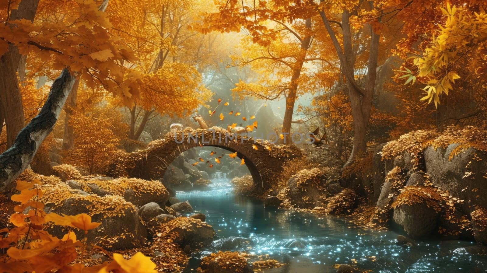 An enchanted forest in autumn, filled with golden leaves in autumn. Resplendent.